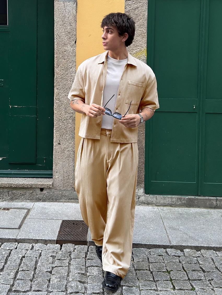 Pleated boxy fit short sleeve shirt-Sand