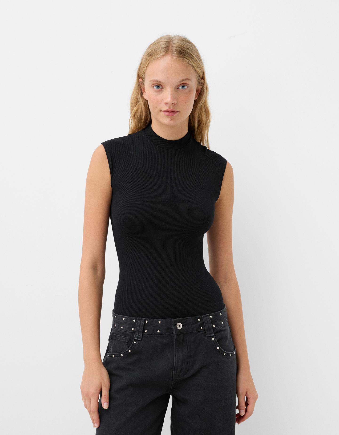 Bershka Body Sin Mangas Rib Cuello Perkins Mujer M-L Negro