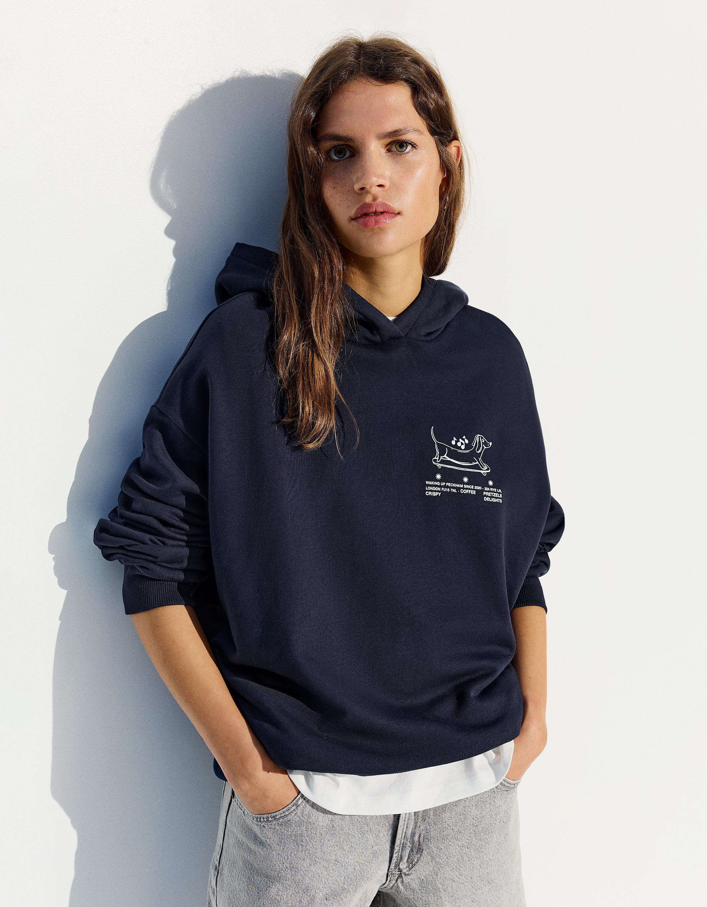 Sudadera Capucha Print Mujer L Marino