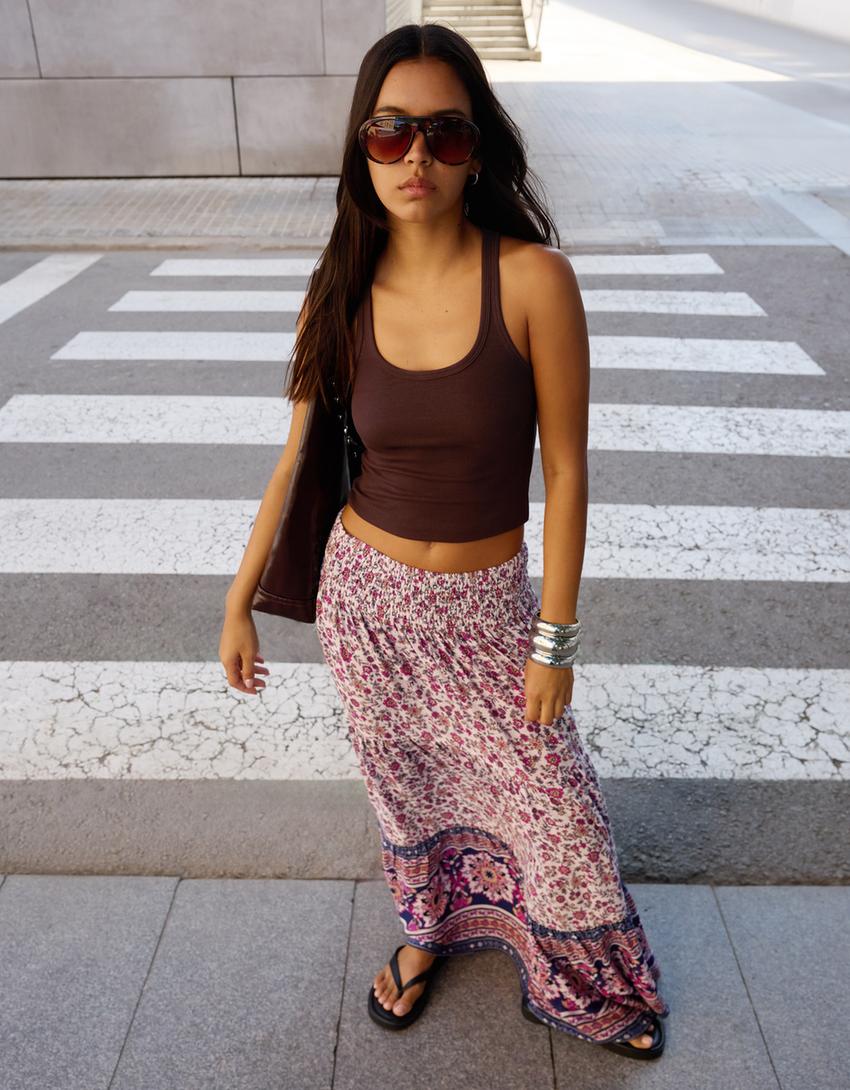 Sleeveless ribbed T-shirt-Brown
