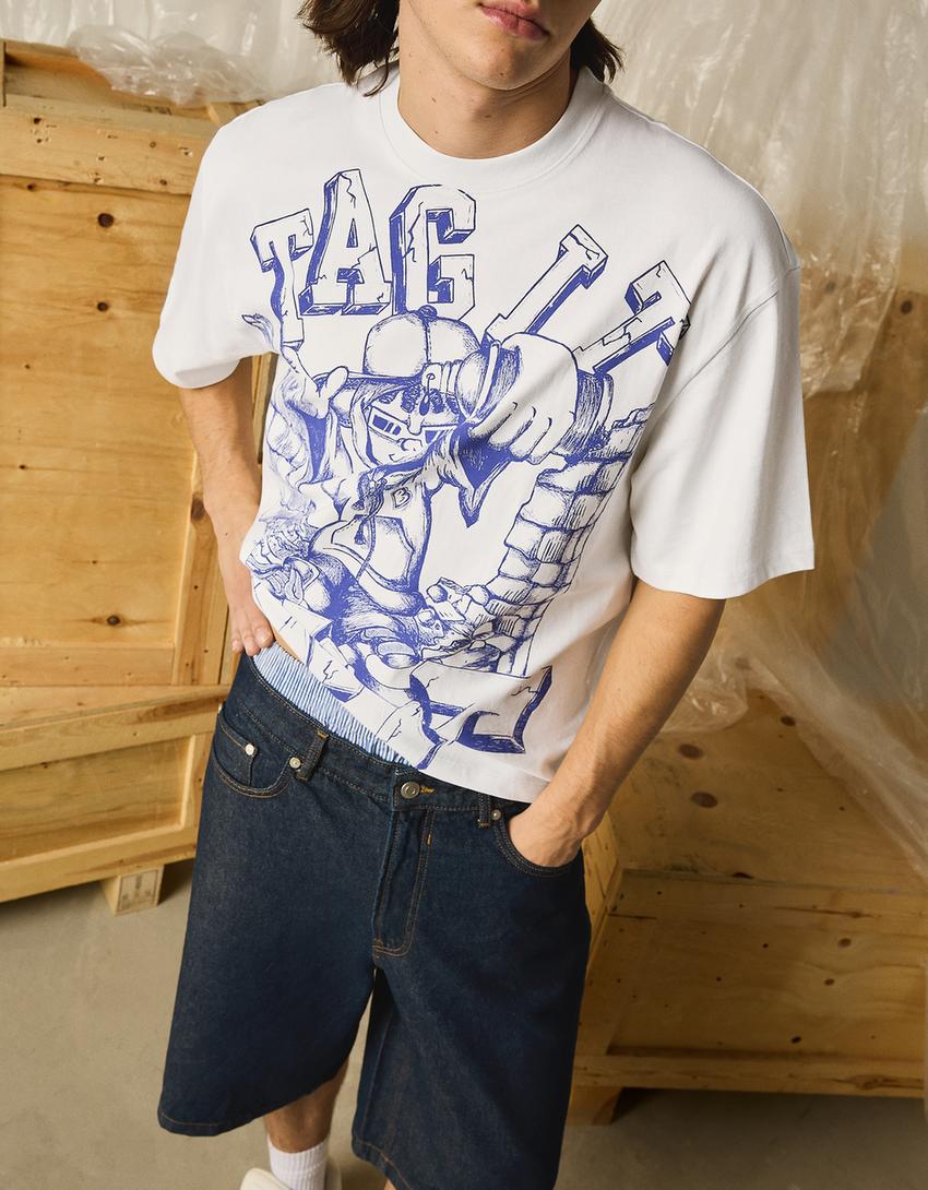 Printed boxy-fit short sleeve T-shirt-Stone