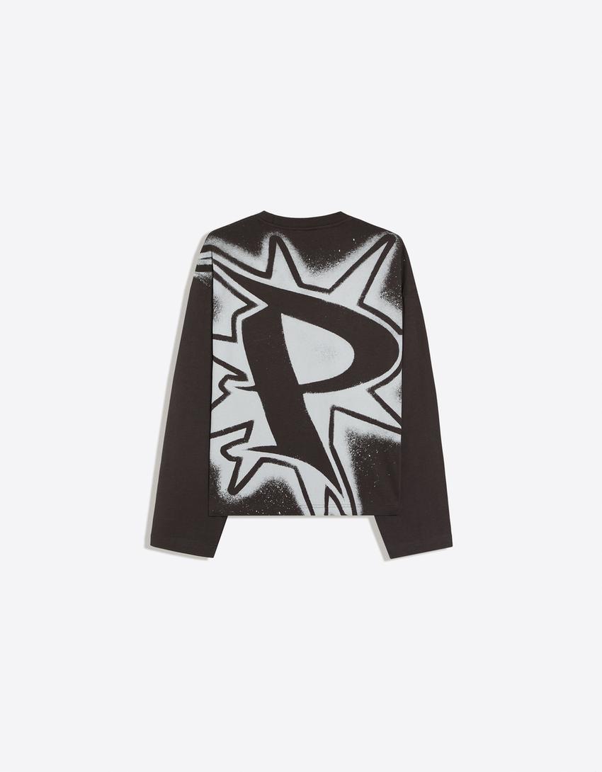Long sleeve print T-shirt-Grey