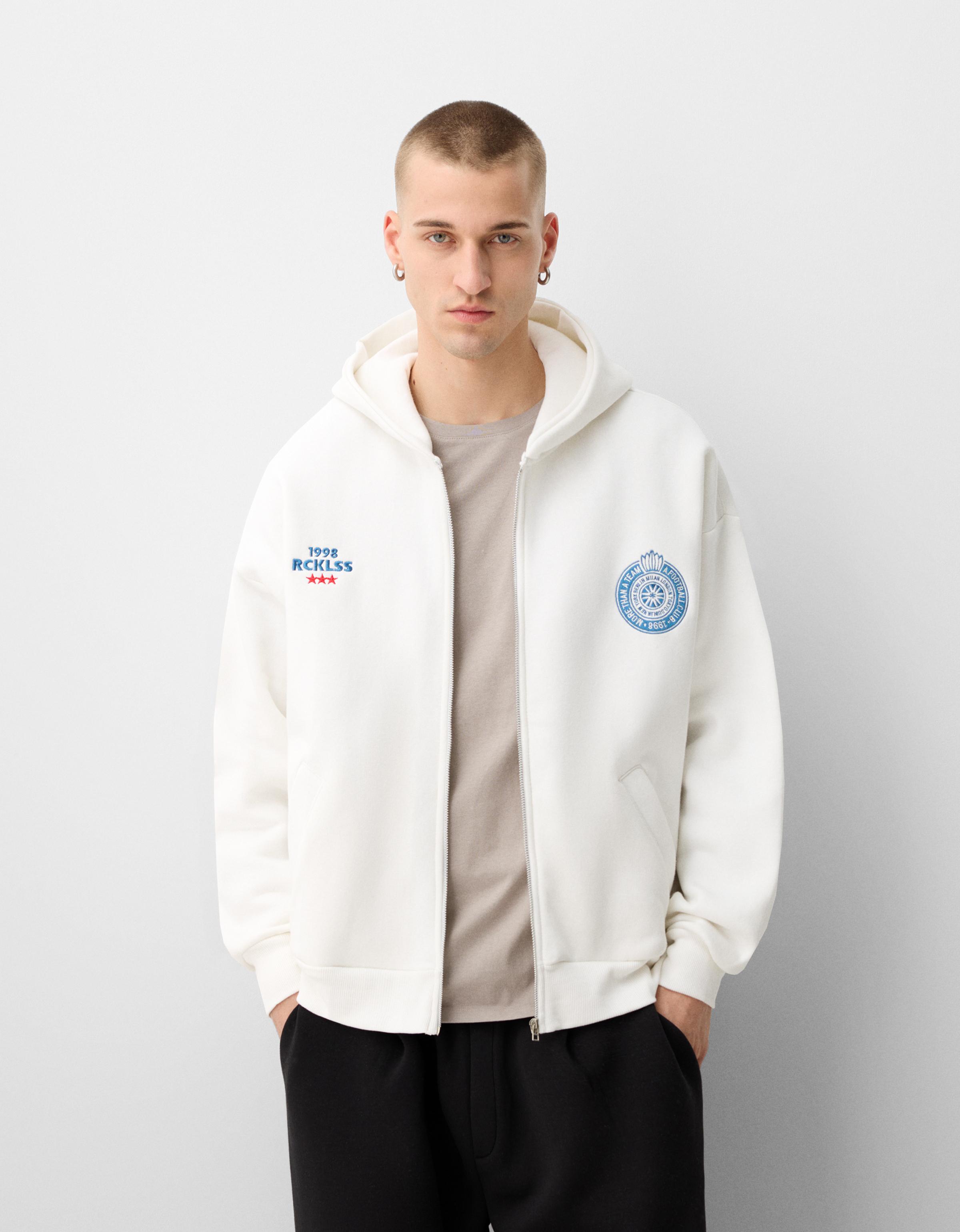 Bershka Sportlicher Retro-Hoodie Mit Reißverschluss Und Print Herren L Weiss