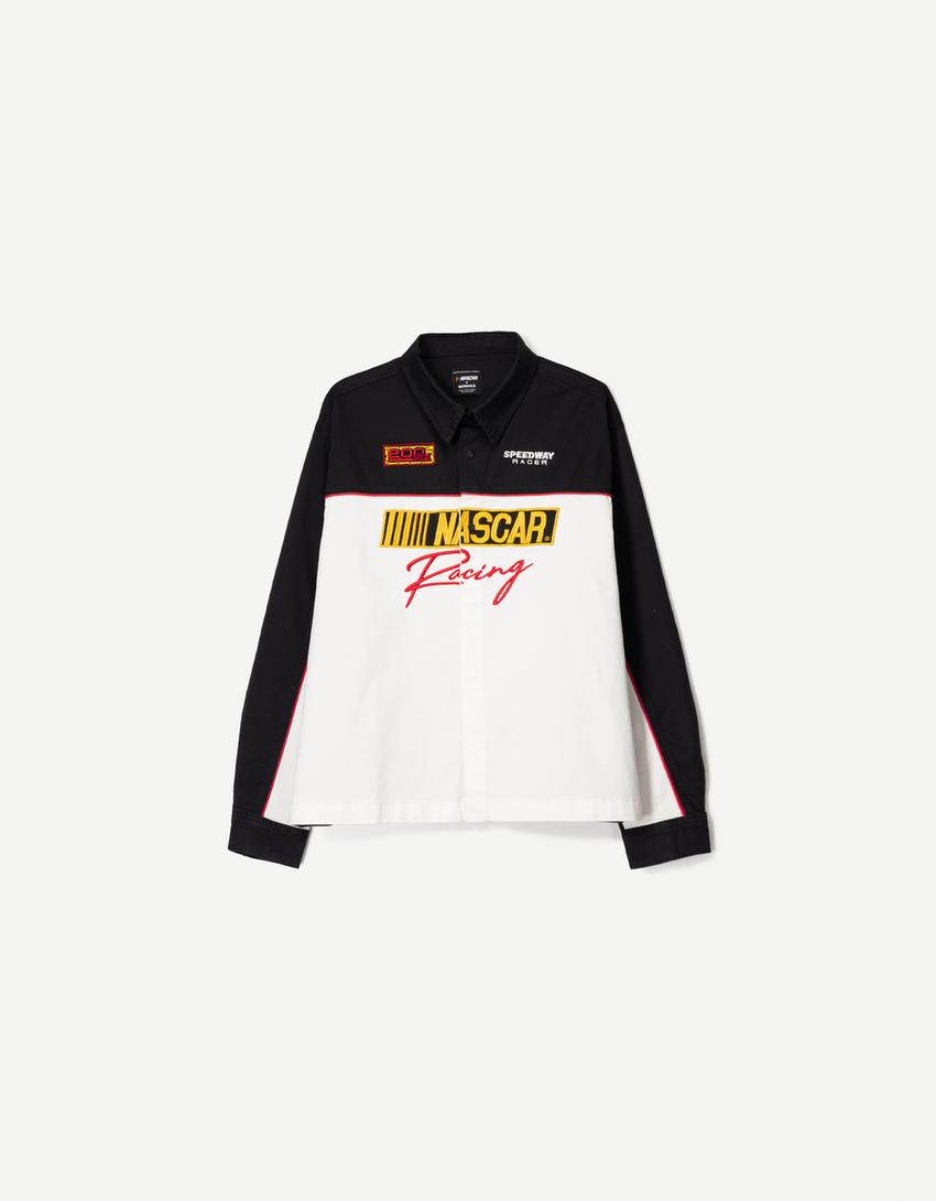 Nascar print long sleeve boxy fit shirt-Black-4