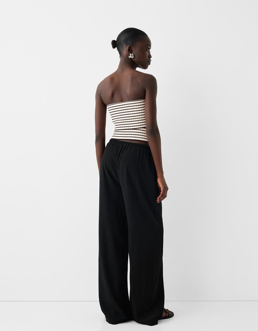 Çizgili triko bandeau top-Krem-1