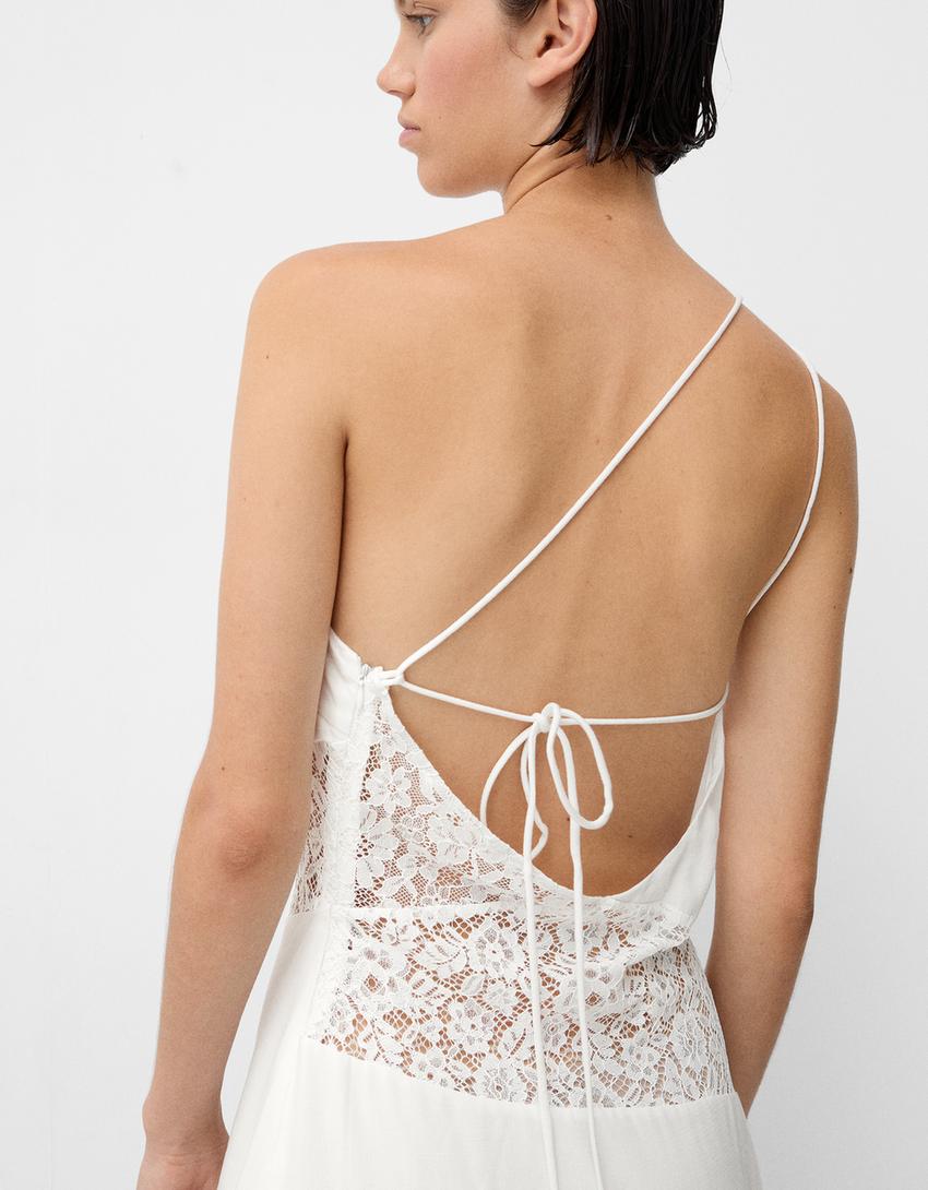 فستان غير متماثل متوسط الطول بدانتيل شريطي-أبيض-7