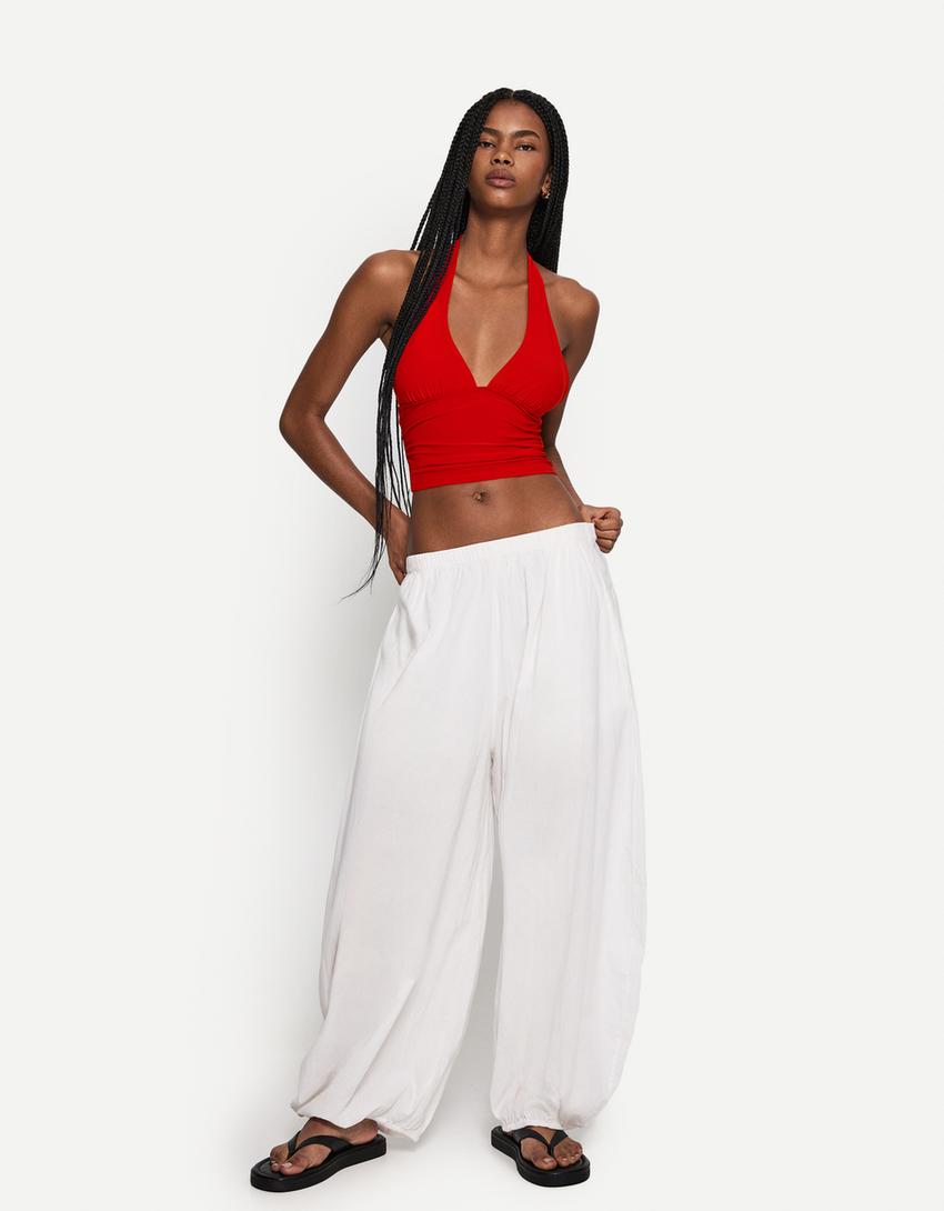 Gathered halter top-Red-2