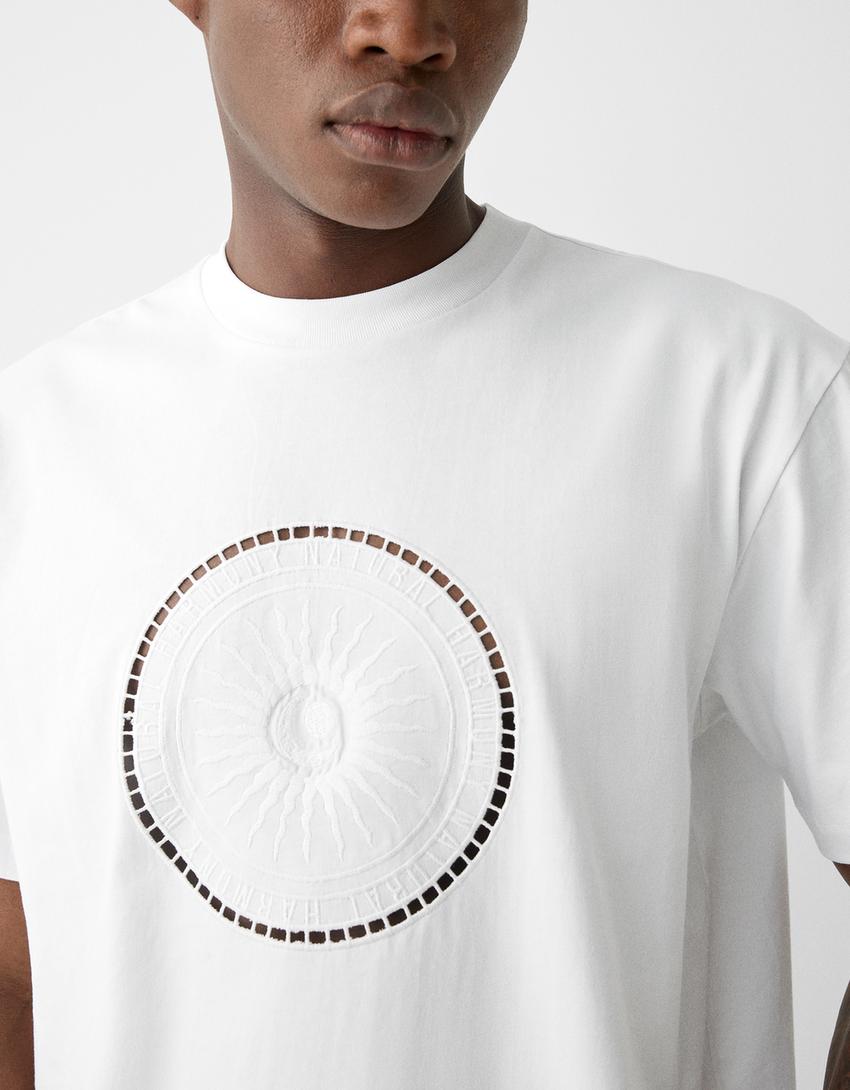 Тениска с къс ръкав и швейцарска бродерия-Бяло-5