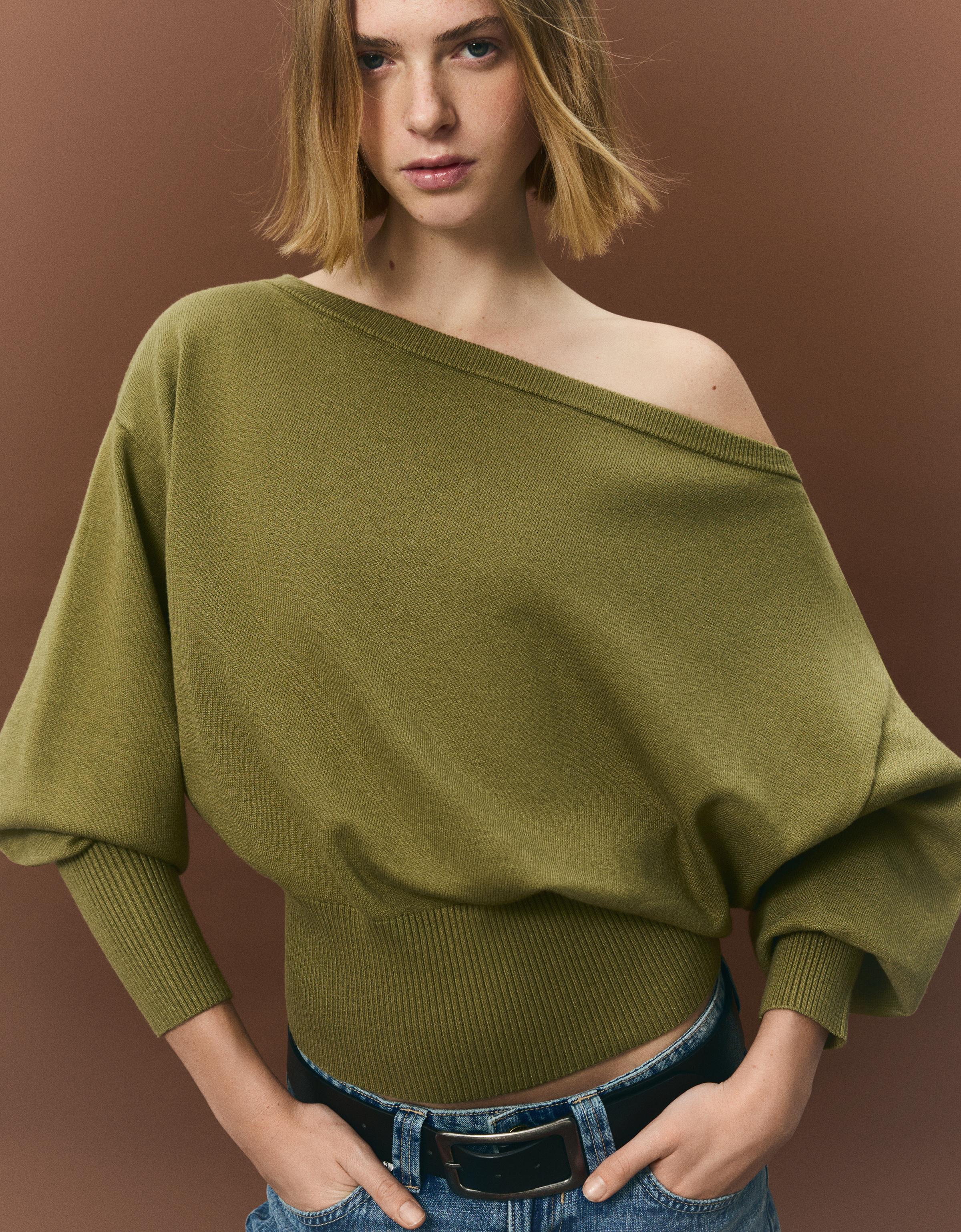 Bershka Pullover Mit Asymmetrischem Rippsaum Damen L Grün