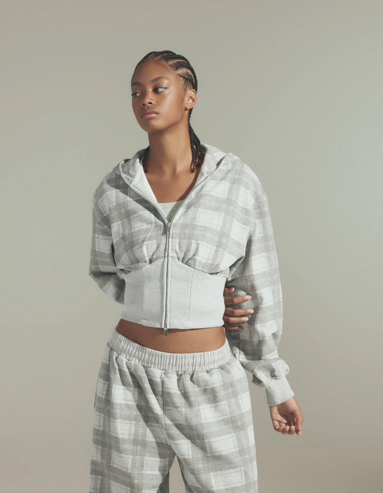 Checked hood zip-up sweatshirt — Grey