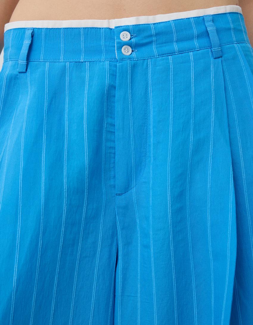 بنطال بوبلين واسع الساقين-أزرق-6