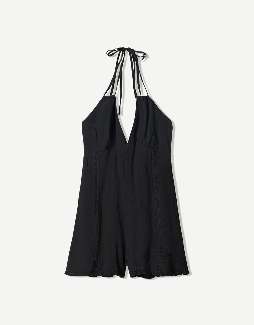 Halter yaka bağcıklı kısa tulum-Siyah-3