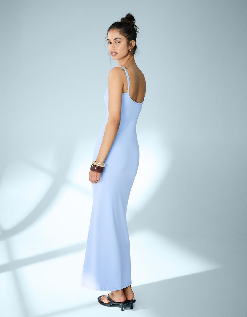 Vestido midi tirantes fruncido-Azul claro