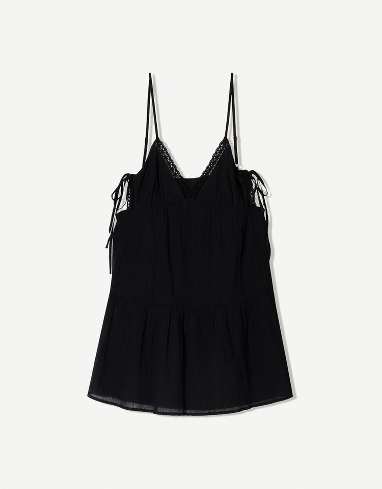 Textured mini dress with lace trim