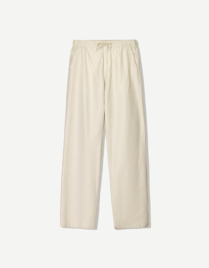 Wide-leg rustic linen blend trousers-Stone-3
