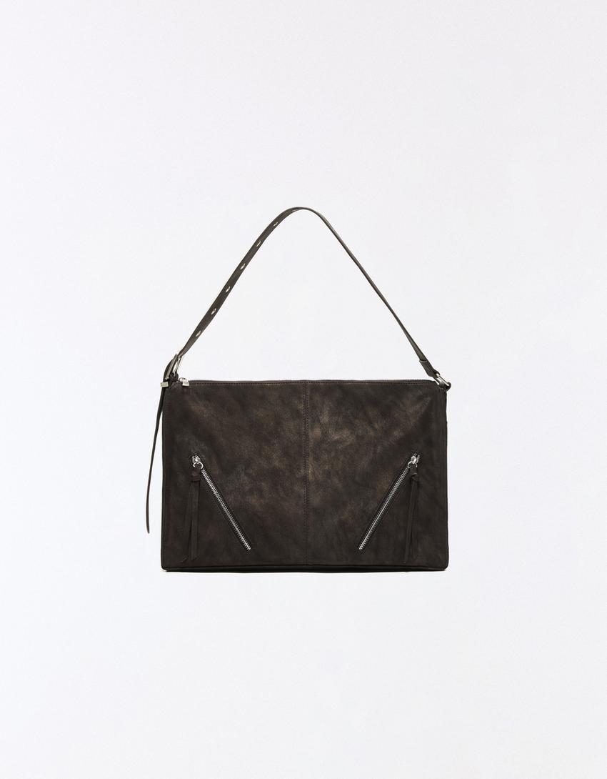 Faux suede bag with zips-Brown