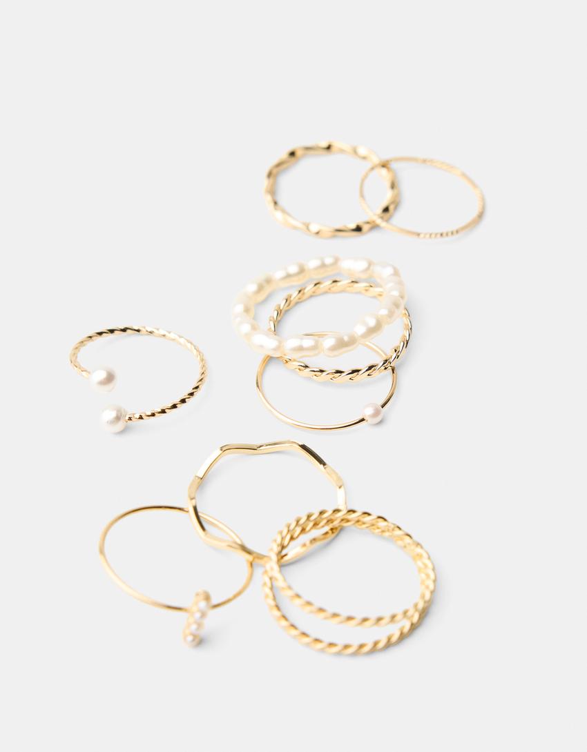 חבילה של 9 טבעות עם חרוזי פנינה-זהב-2