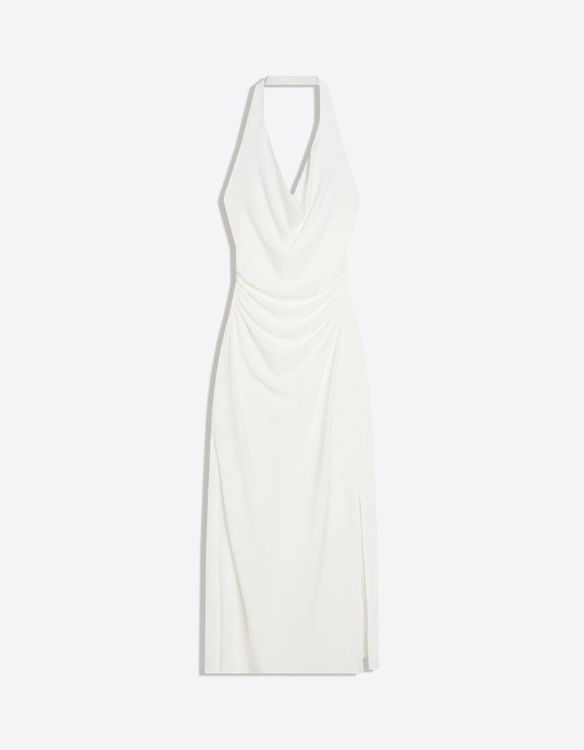 Robe midi encolure américaine-Blanc