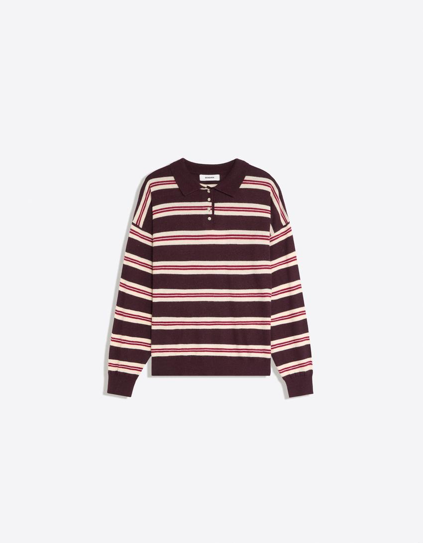 Striped polo sweater-Burgundy