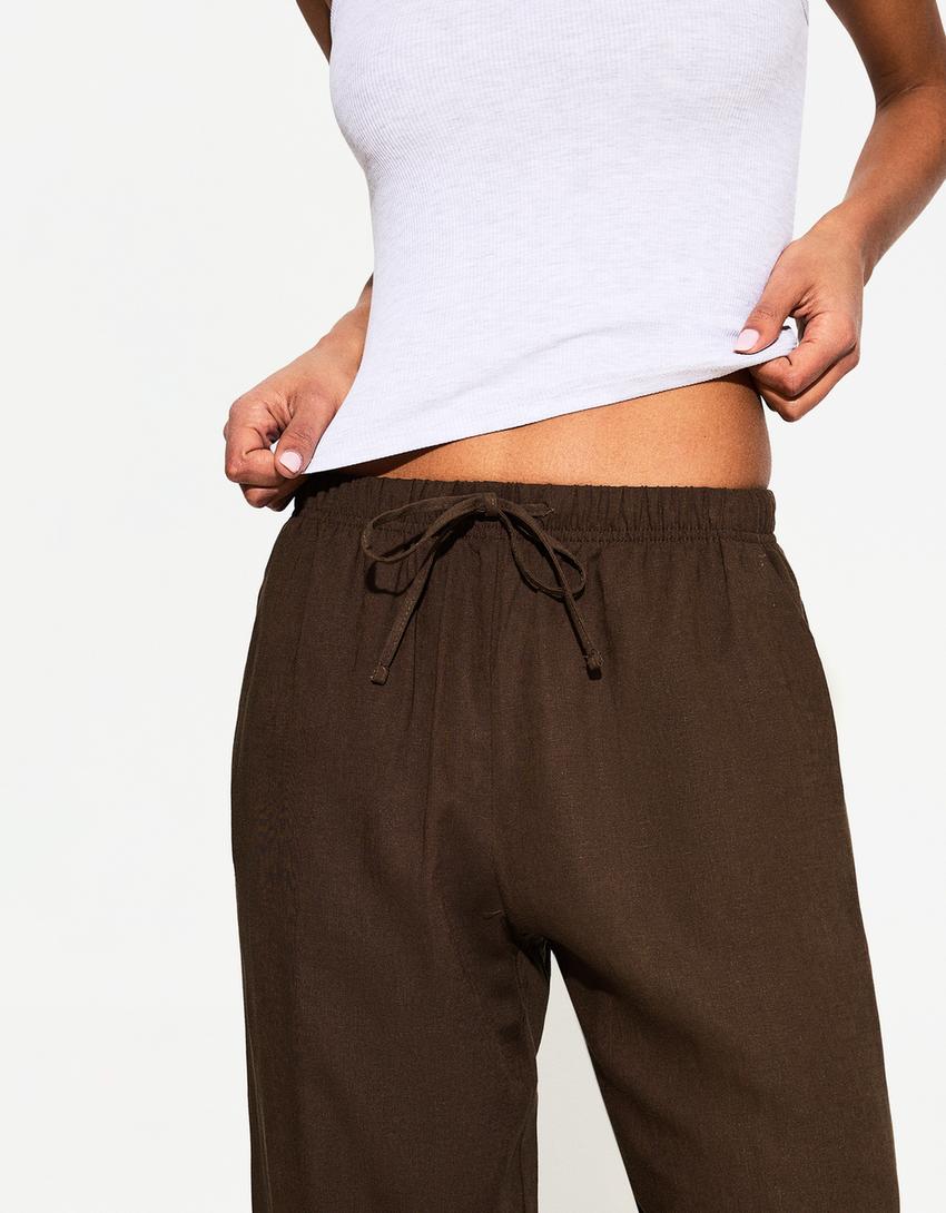 Linen blend trousers with an elasticated waistband-Brown-2