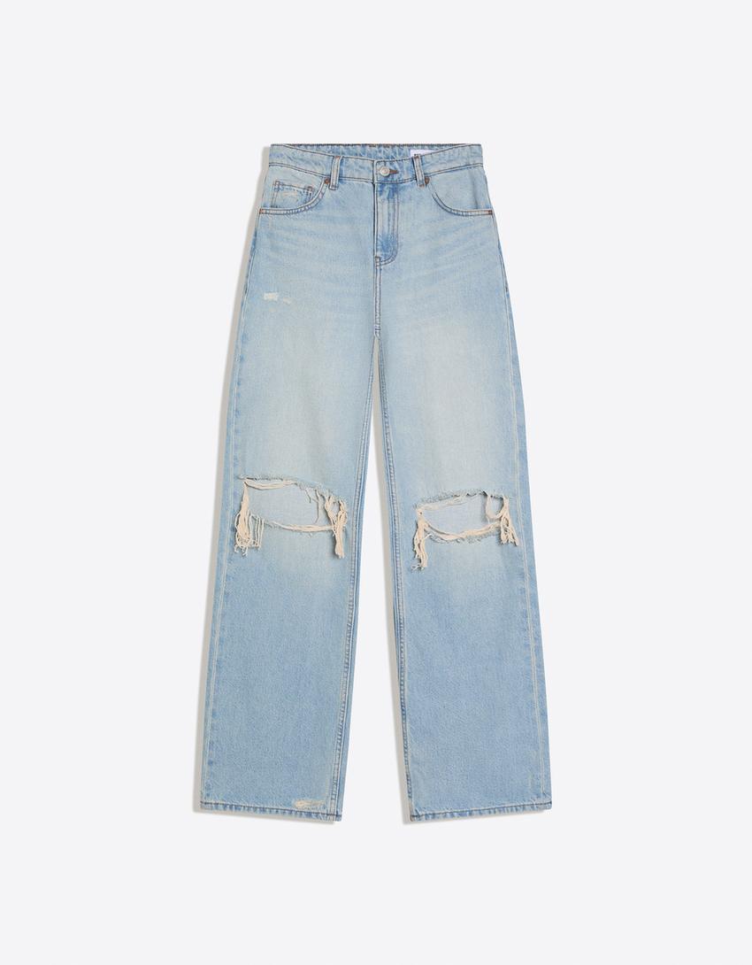 Ripped high-waist wide-leg jeans-Light blue