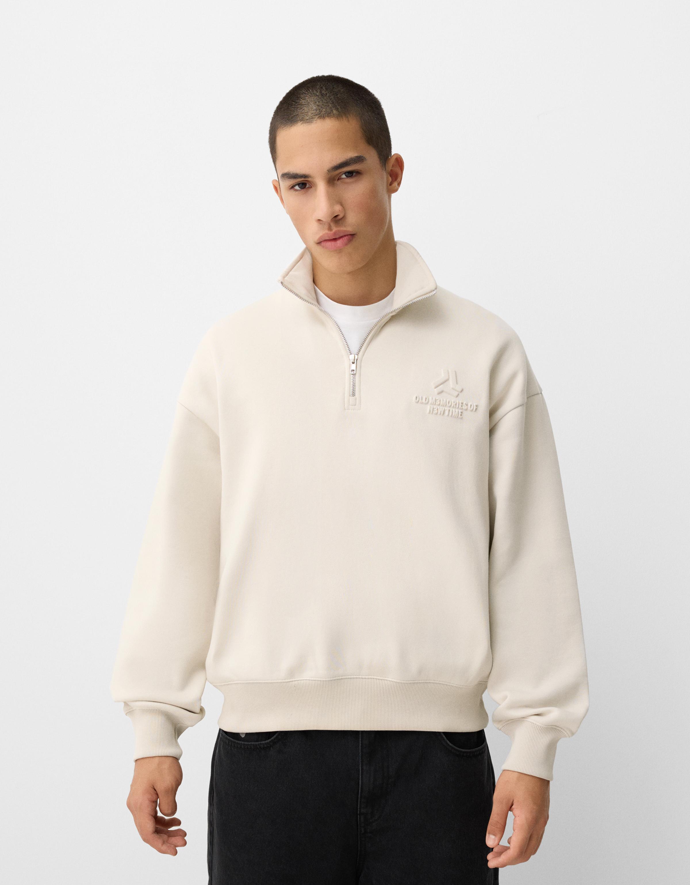 Bershka Pullover Mit Reißverschluss Und Print Herren Xs Rohweiß