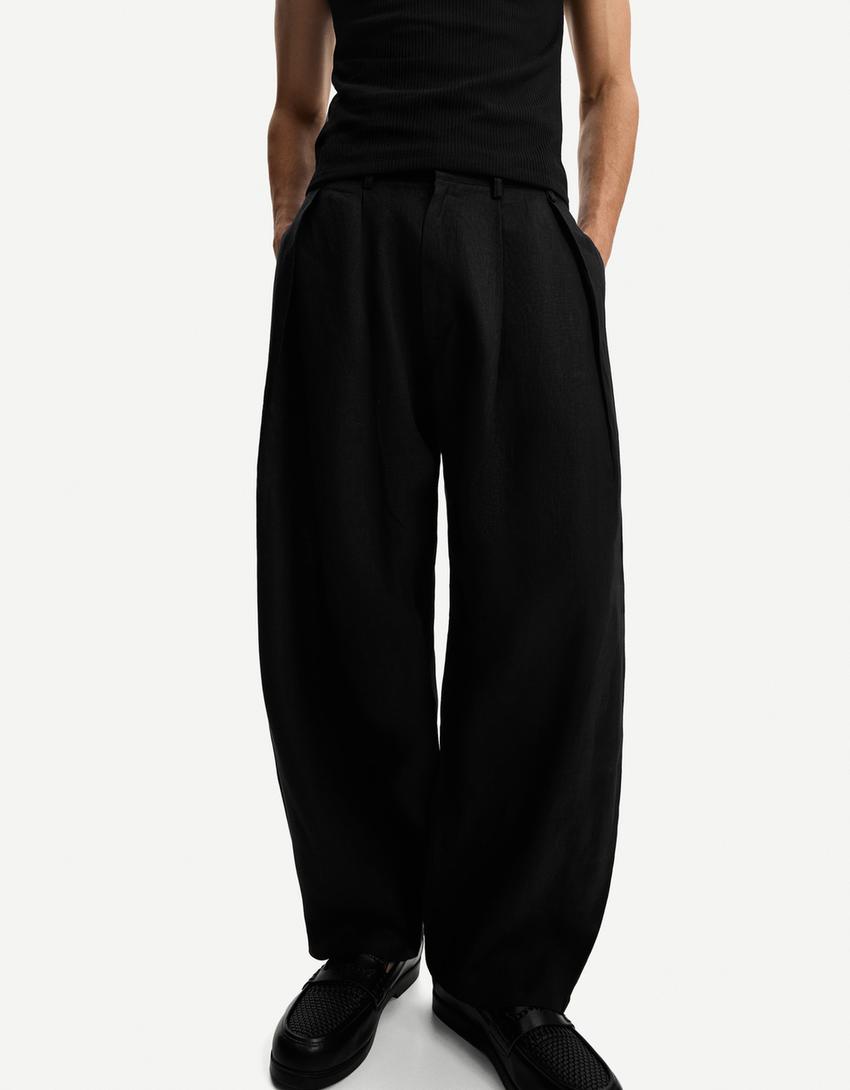 Calças balloon tailored fit com pinças em linho