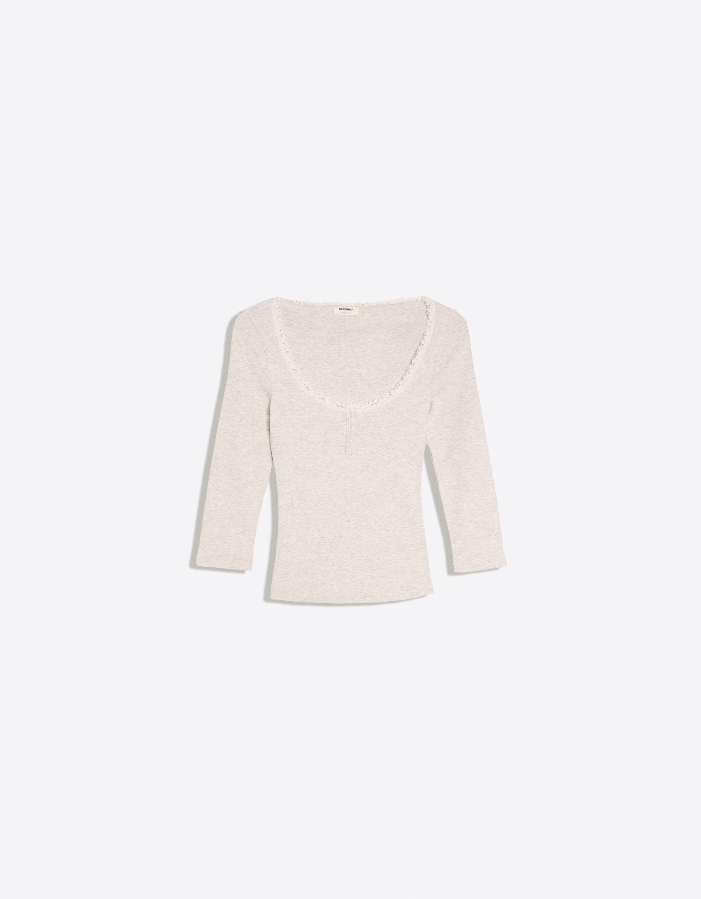 Lace V-neck long sleeve T-shirt — Grey
