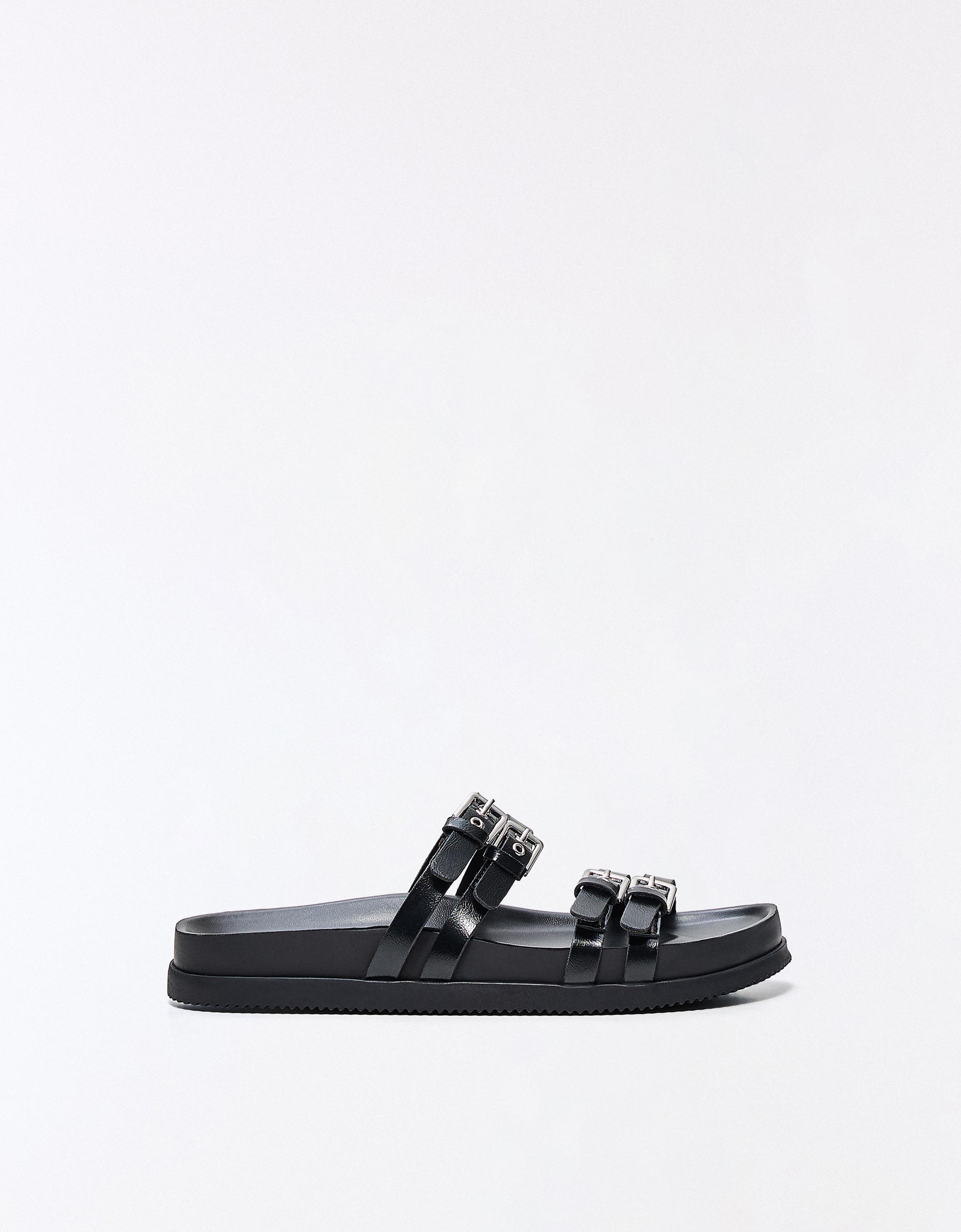 Double buckle flat slider sandals — BLACK