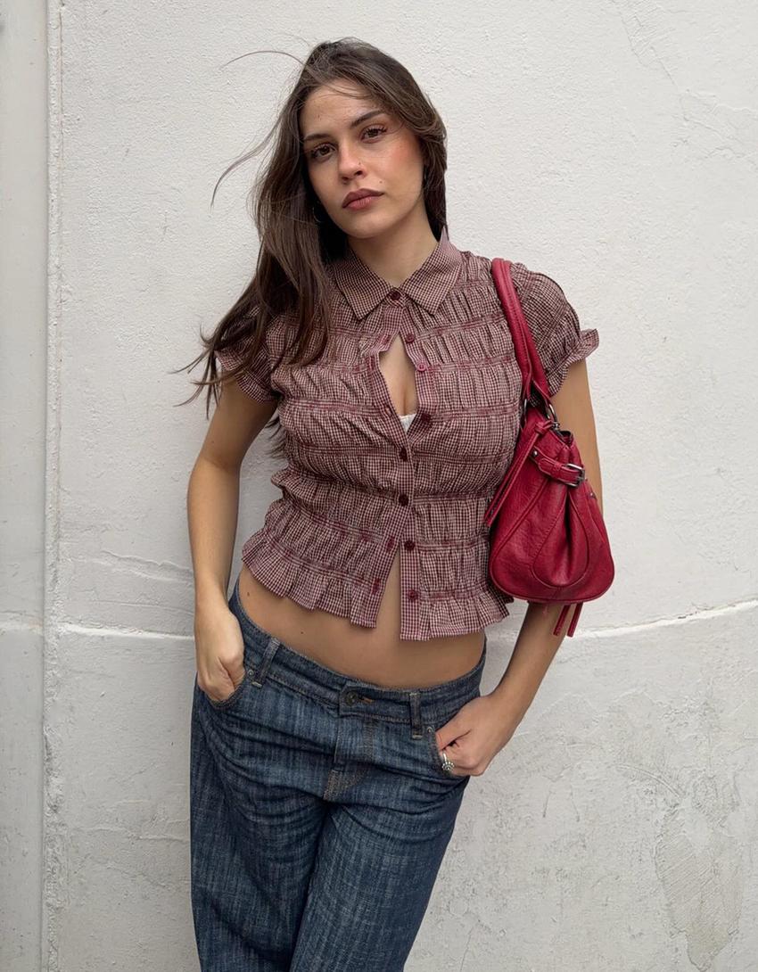 Chemise à manches courtes froncée-Grenat