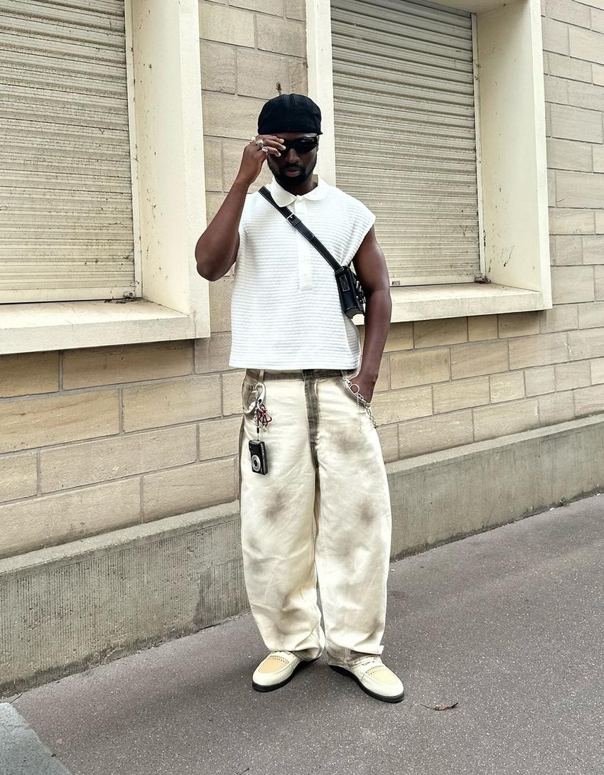 Desenli super baggy fit pantolon-Bej-2