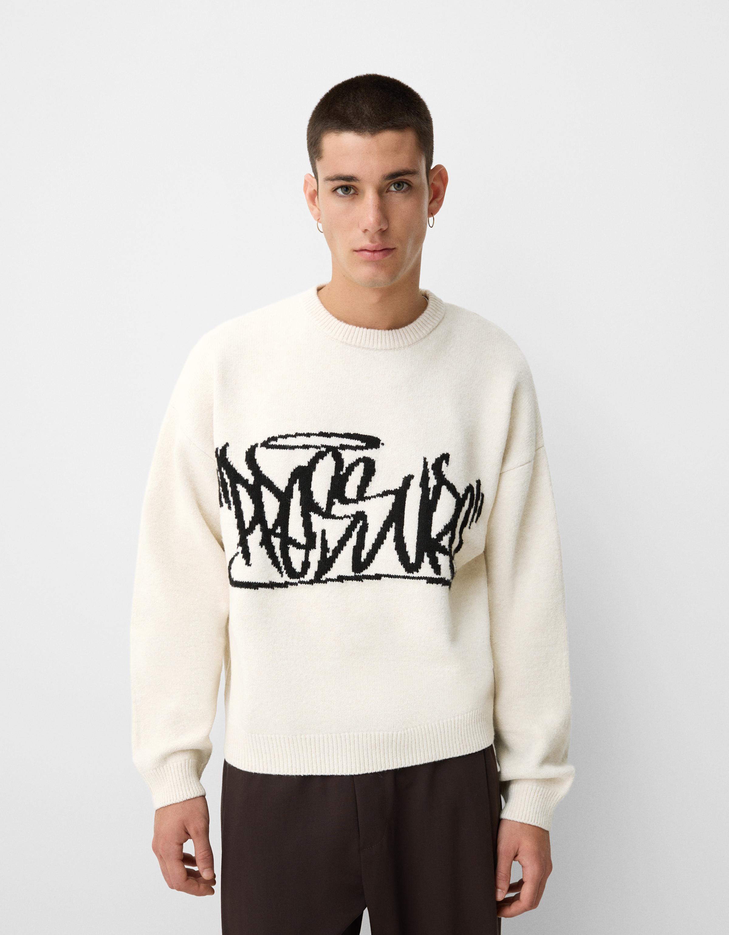 Bershka Pullover Mit Print Herren Xl Grbrochenes Weiss