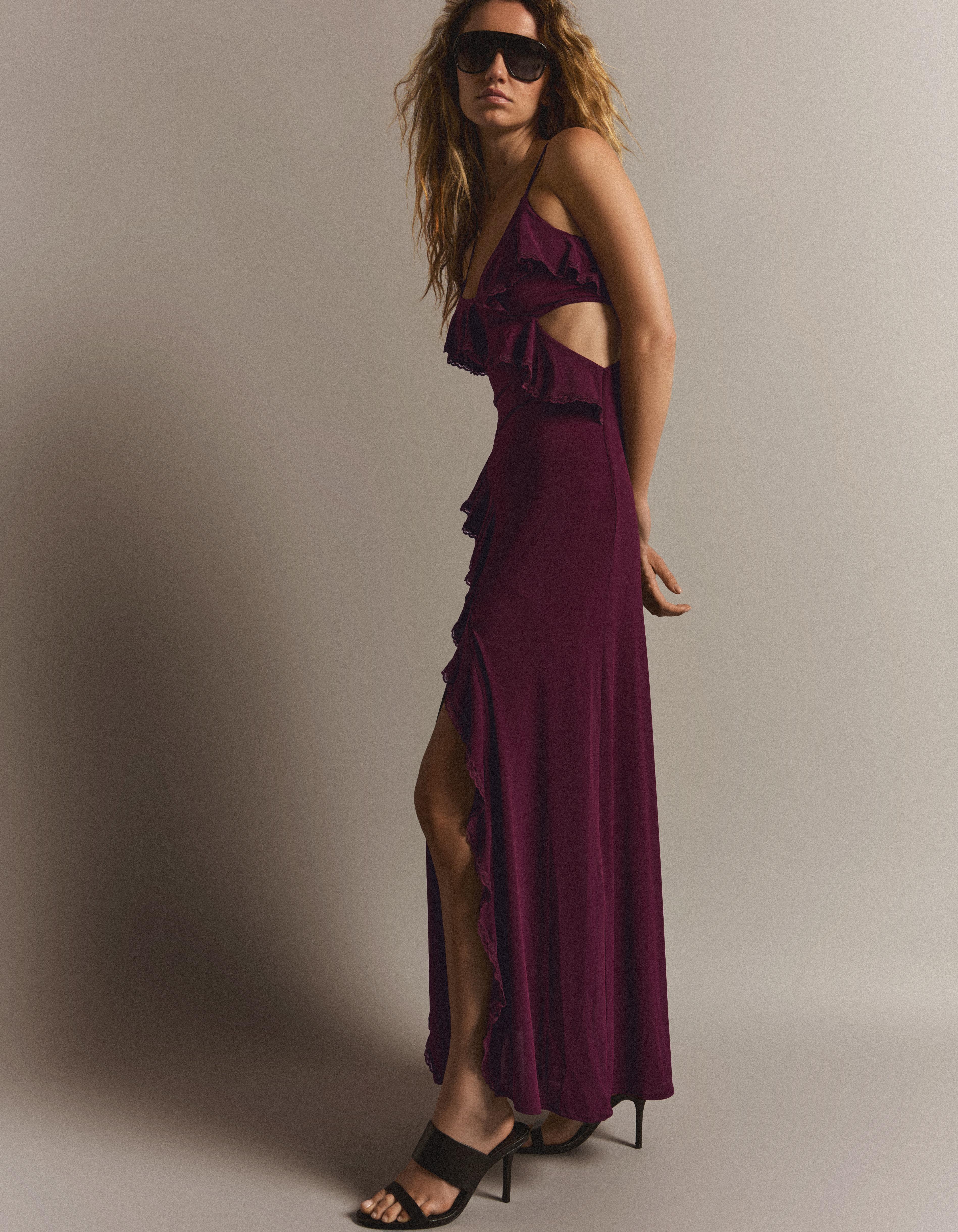 Midi dress with frilled straps — Burgundy