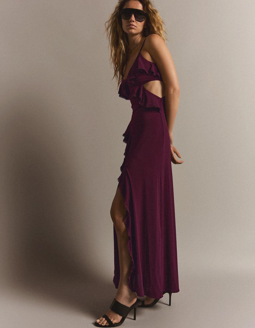 Vestido midi tirantes volantes-Burdeos