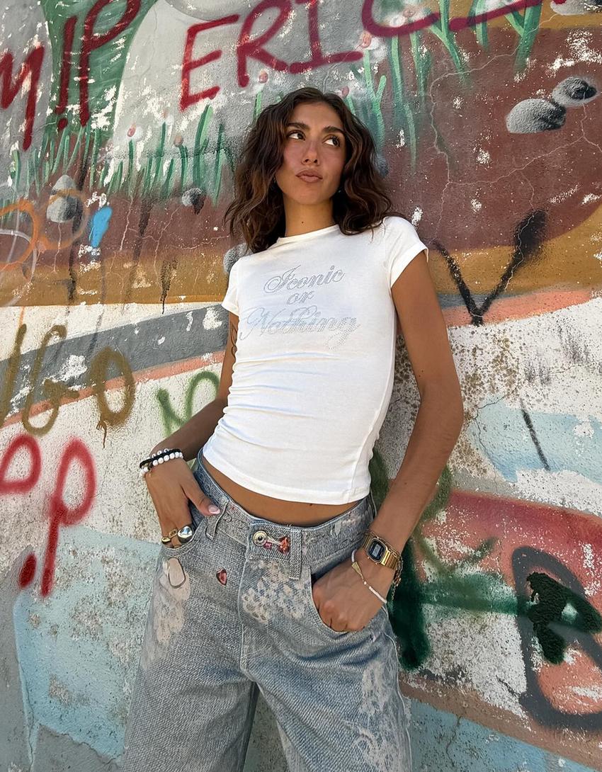 T-shirt manches courtes strass-Écru