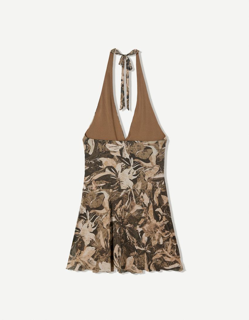 Desenli halter mini dökümlü elbise-Haki-4