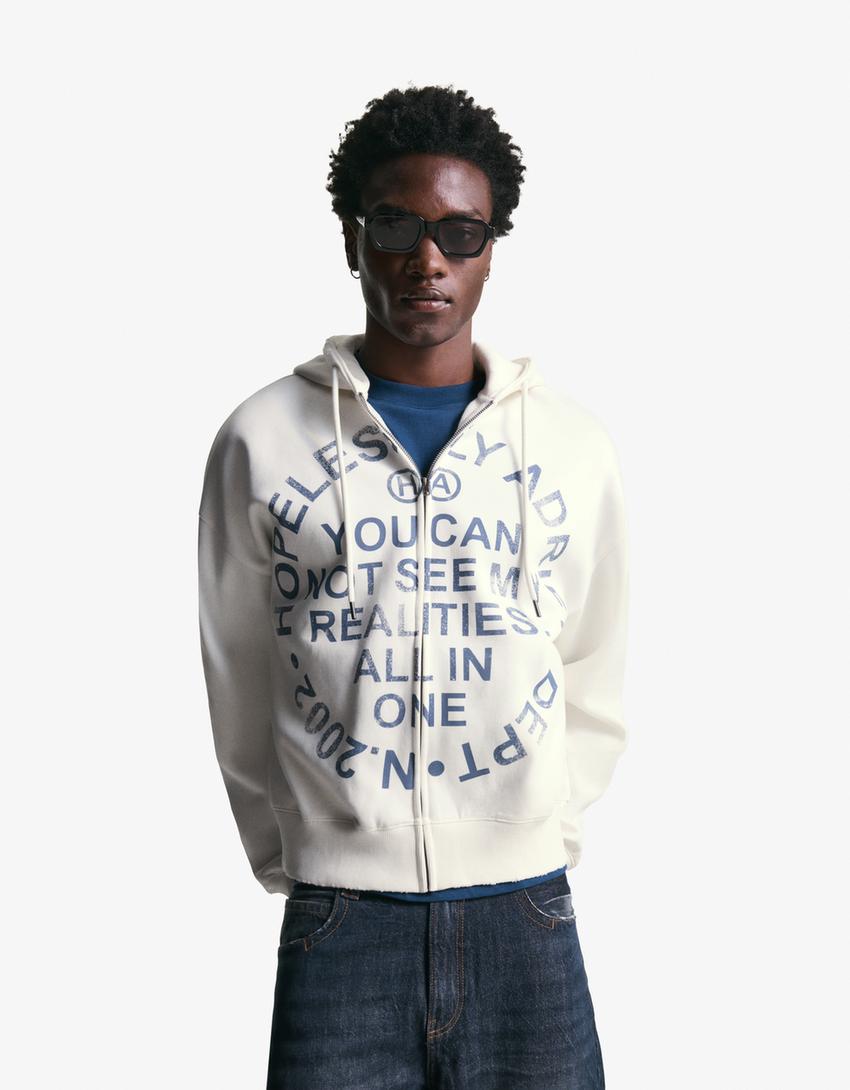 Printed sweatshirt with zip-Beige-2