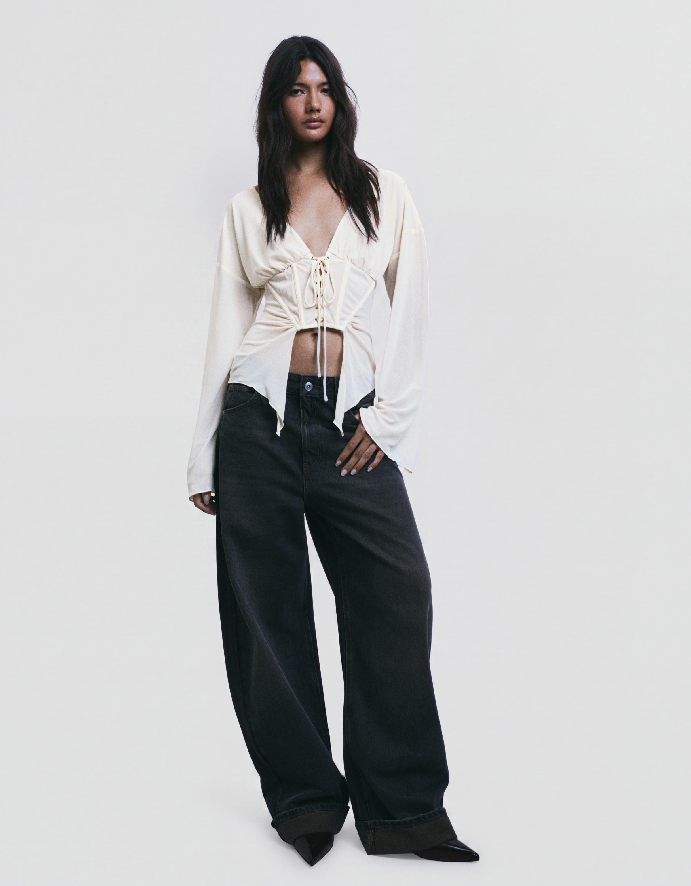 Long sleeve corset-effect T-shirt — Cream