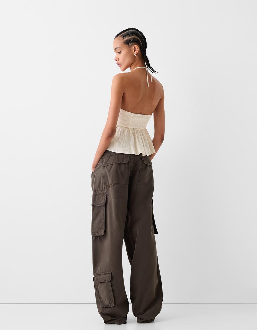 Rustic bandeau top with tie detail-Sand-1