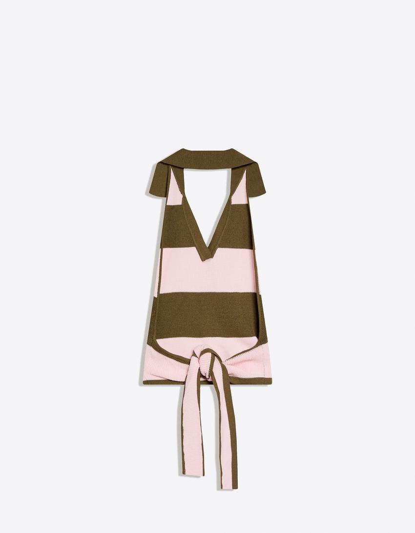 Polo collar top with back knot-Pink