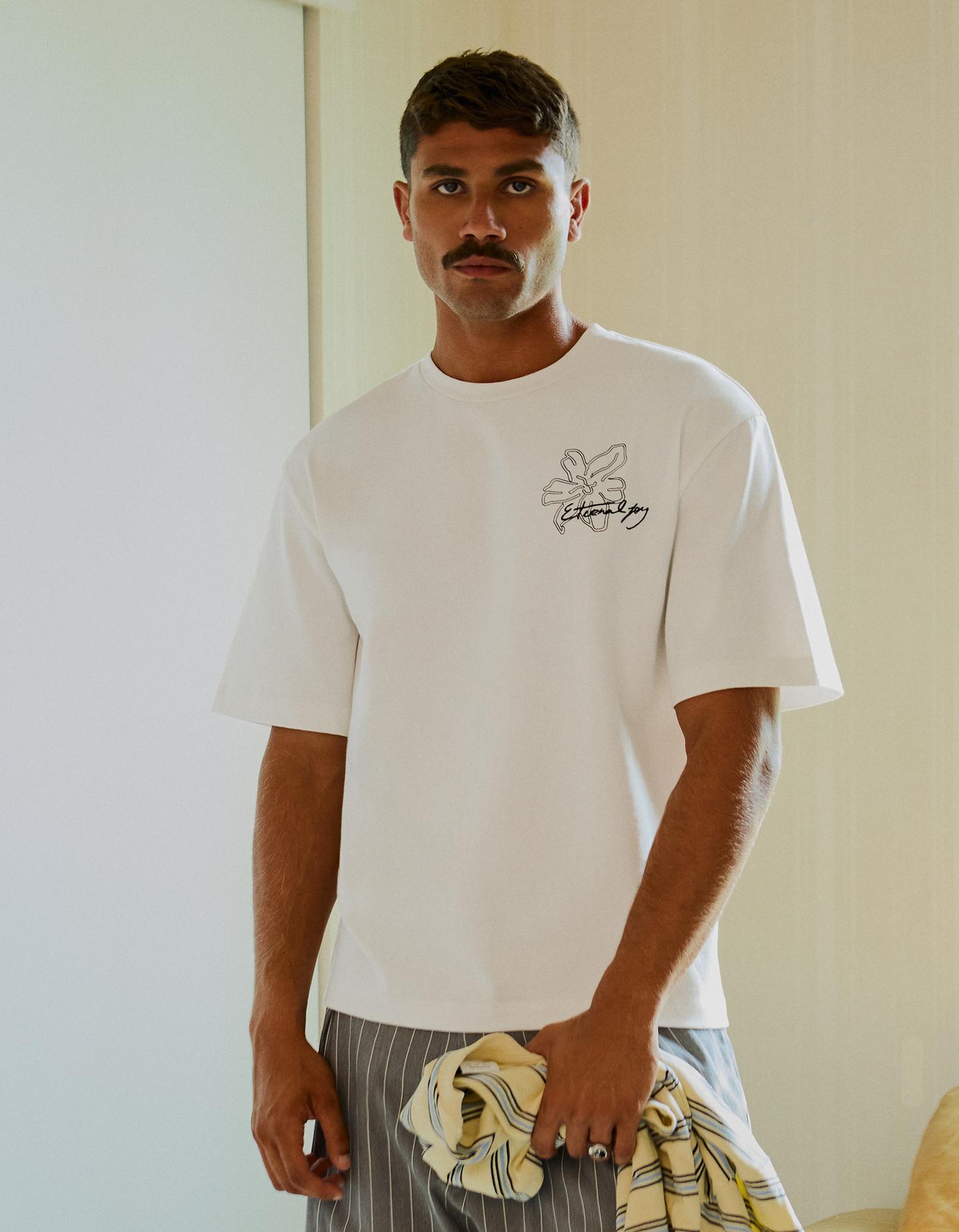 Bershka Maglietta A Maniche Corte Ricamata Uomo M Bianco