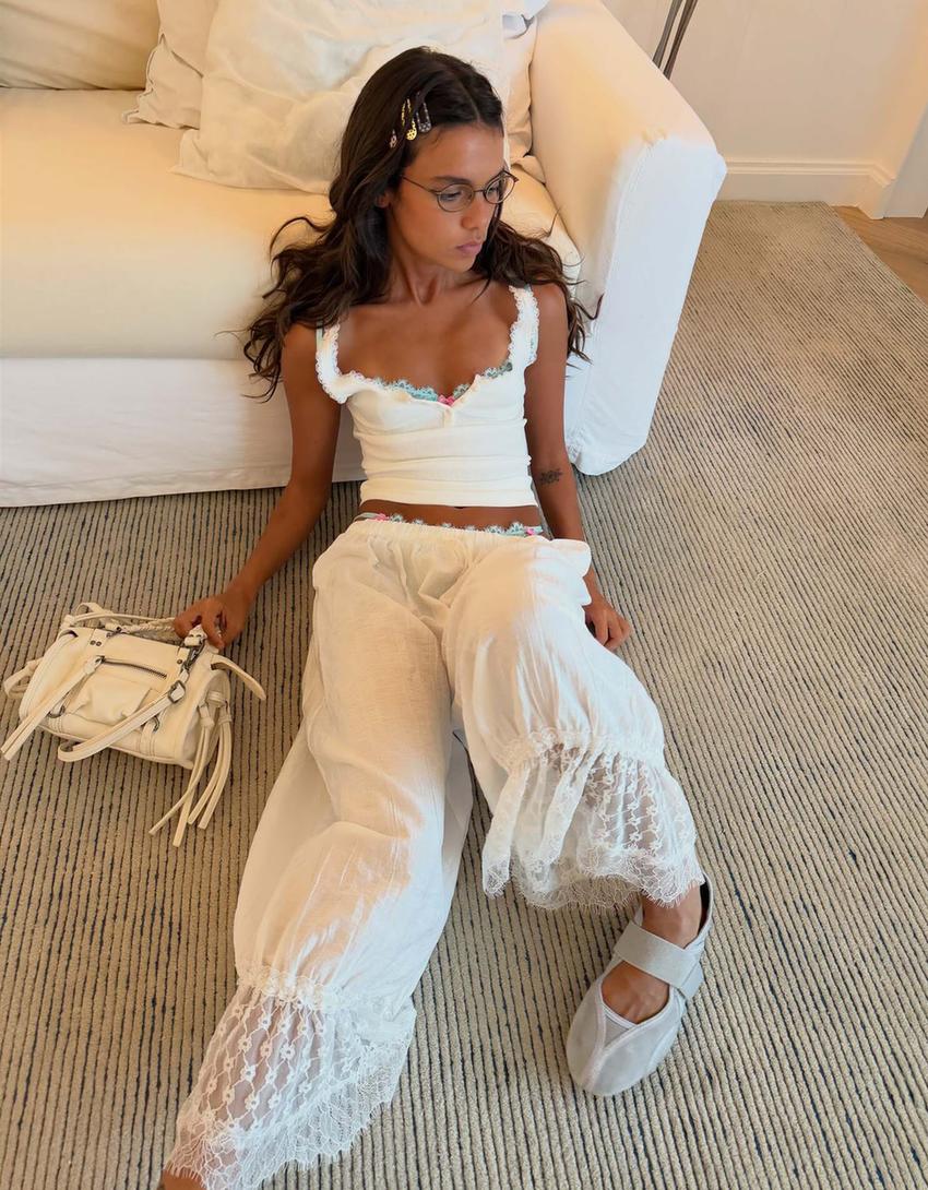 Lace henley strappy top-Off white
