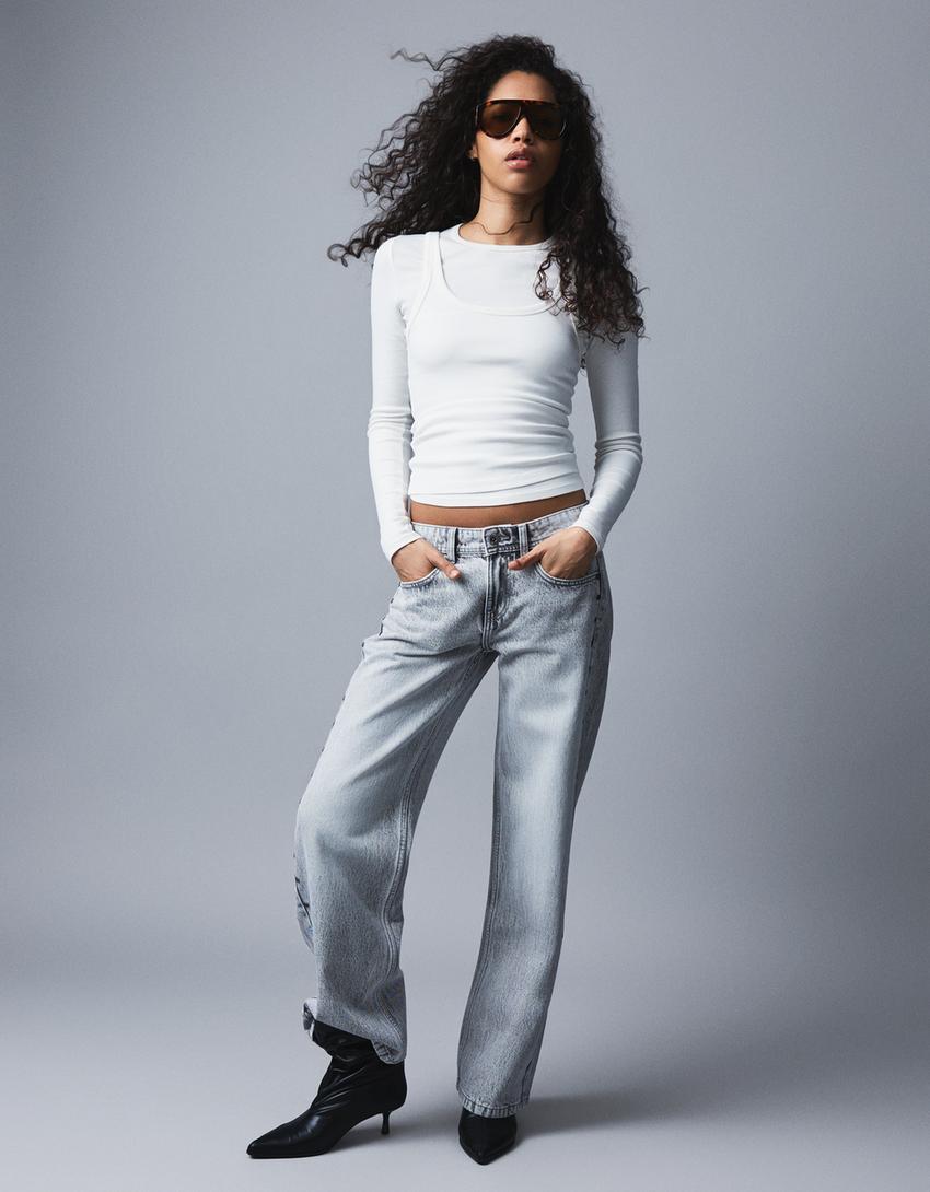 Yıldız zımbalı düşük bel baggy fit jean-Gri