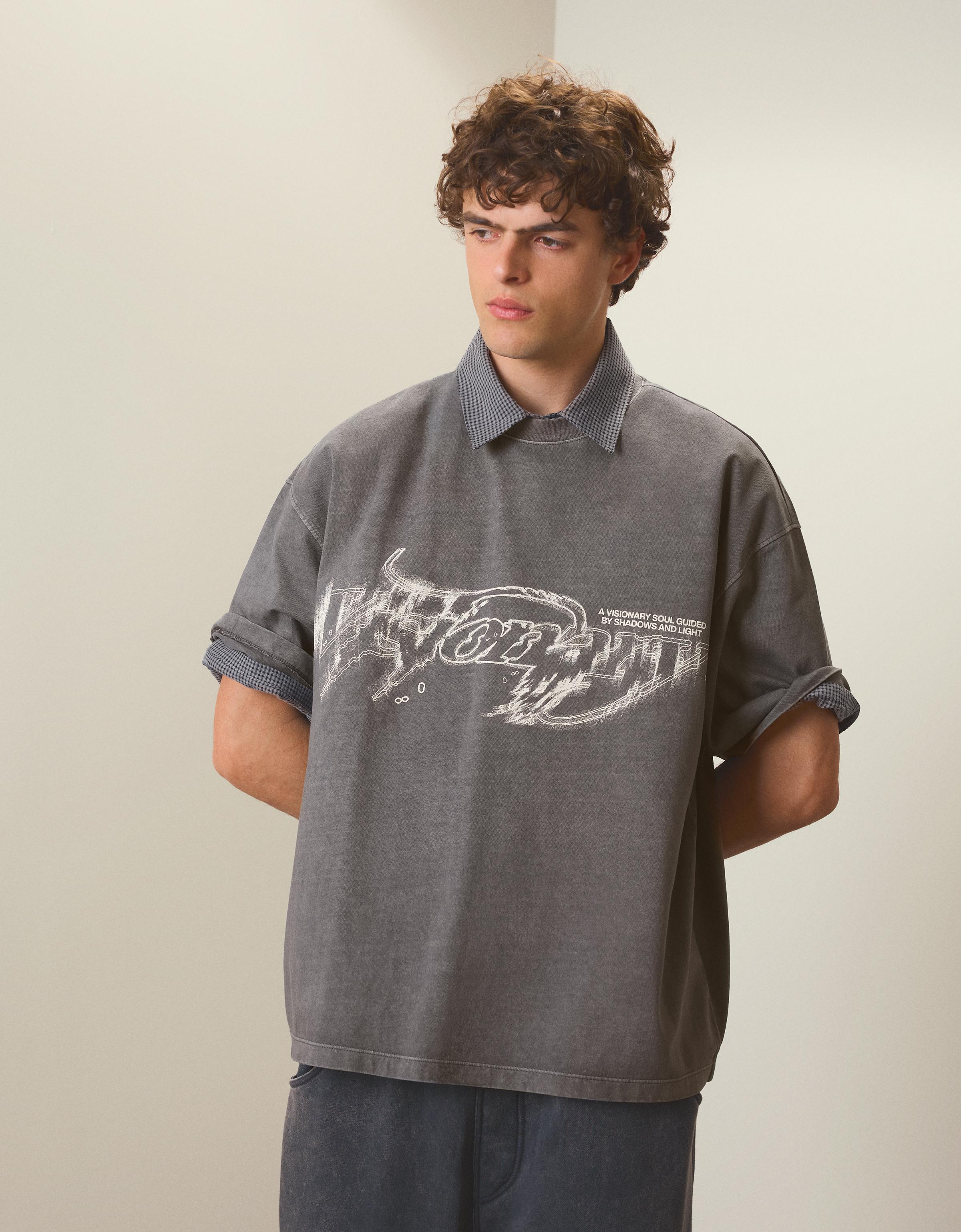 Camiseta Boxy Fit Print Hombre L Gris