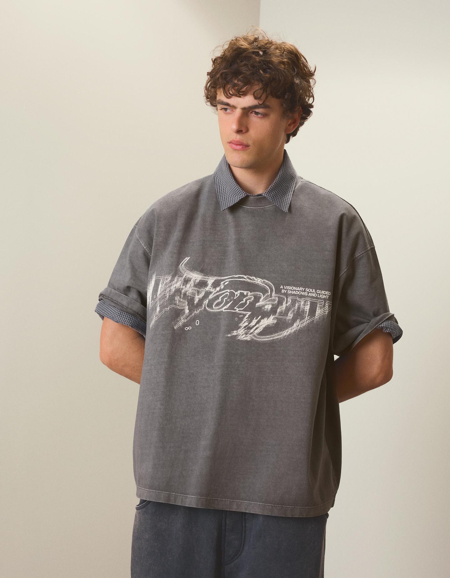 Bershka Maglietta Boxy Fit Stampa Uomo Xl Grigio