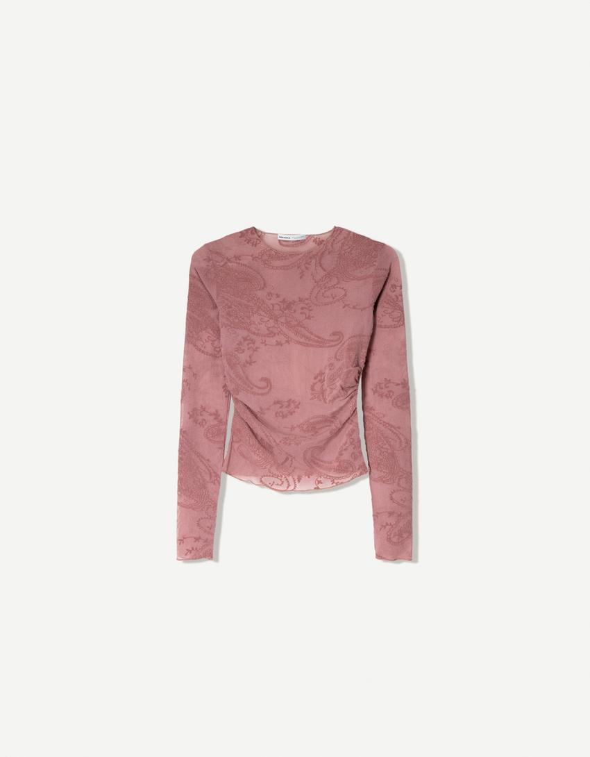 Büzgülü ve uzun kollu t-shirt-Pembe-3
