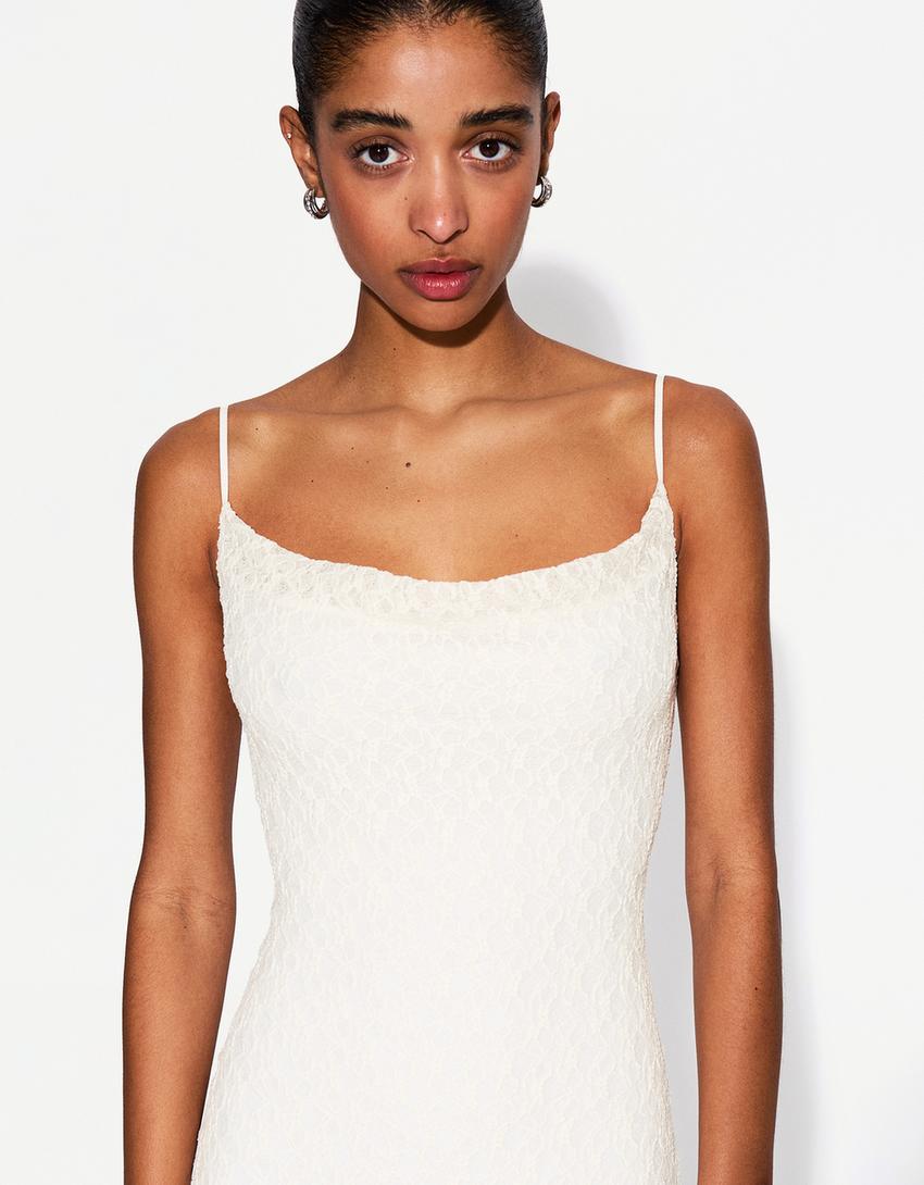 Vestido midi blonda encaje-Blanco roto