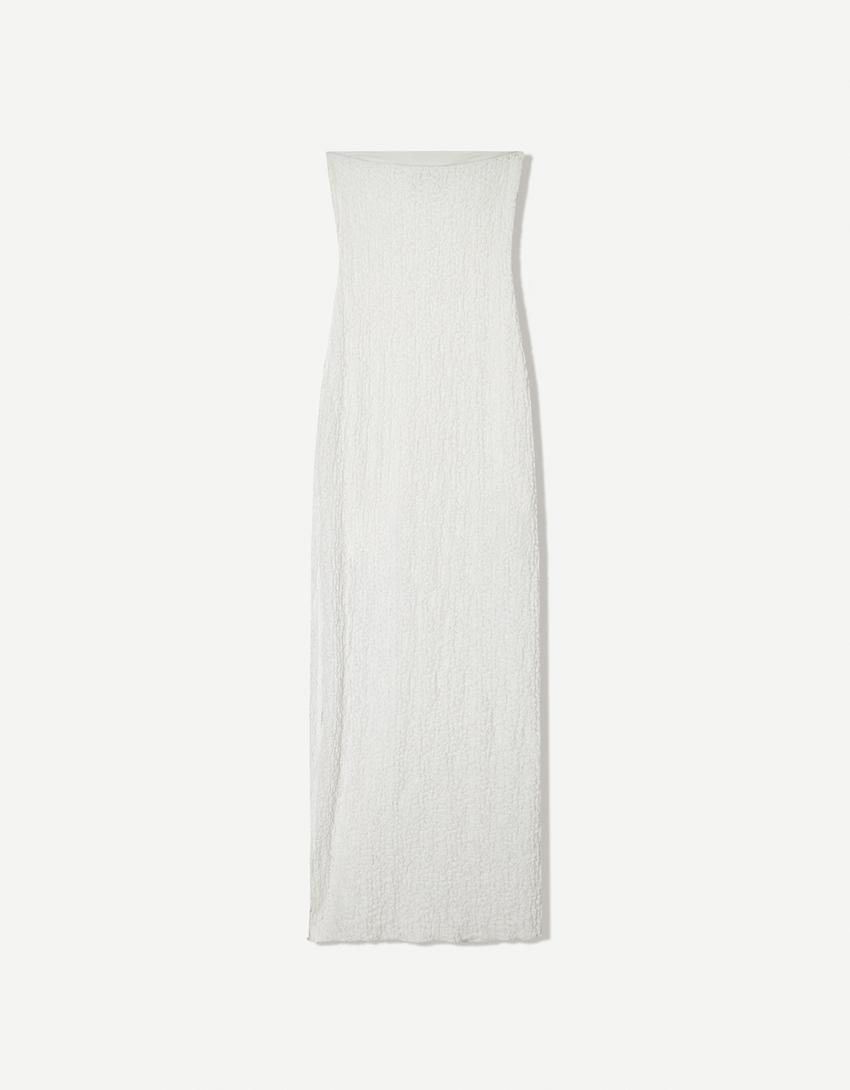 Rustic midi dress with bandeau neckline-Cream