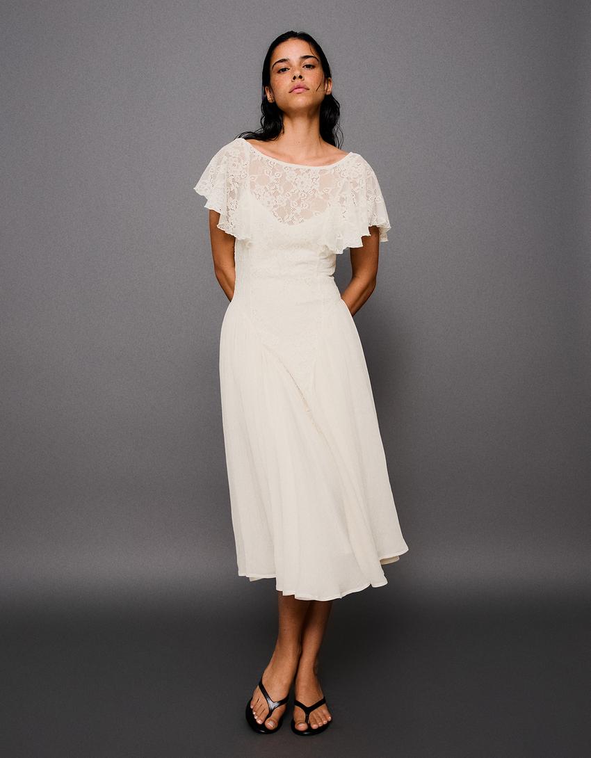 Cape sleeve midi dress-Cream