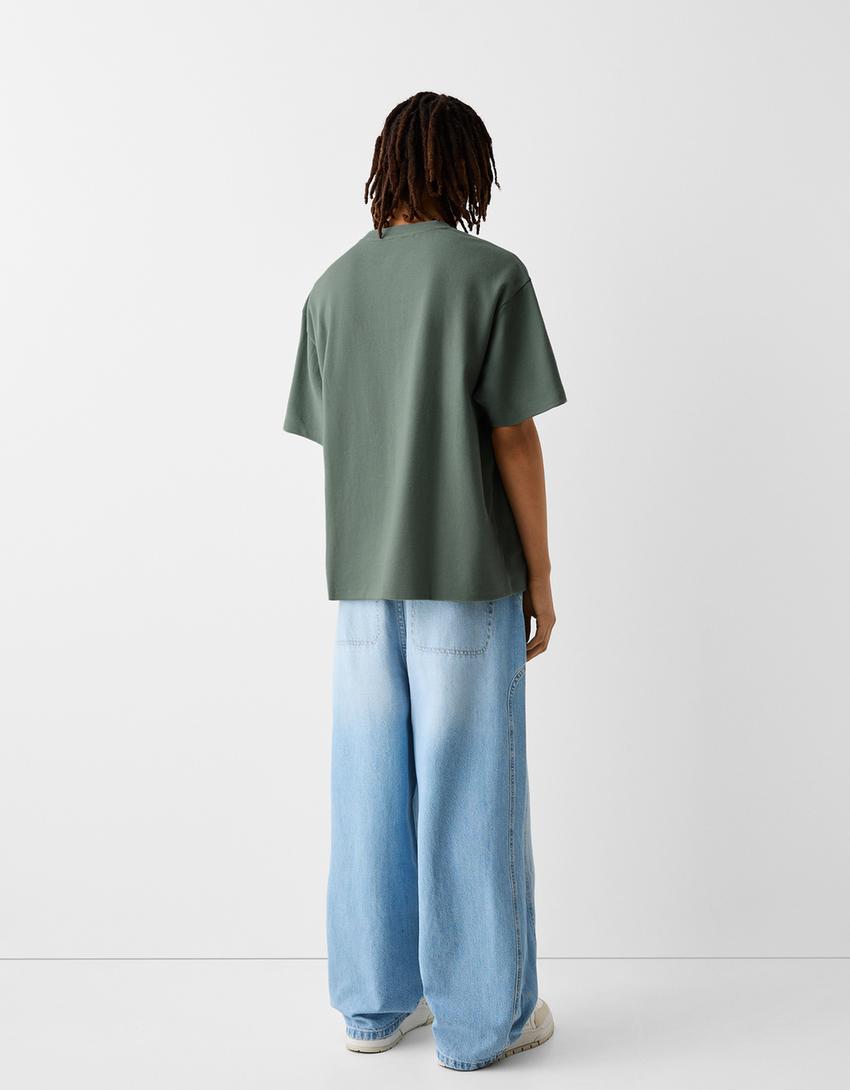 T-shirt de manga curta de felpa com bordado-Verde-1